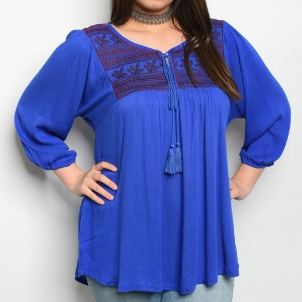 New Plus Size Blue Embroidered Tassel Tie Tunic
